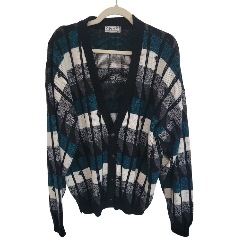 Vintage AREA by TAG Cardigan Sweater Plaid Acrylic Knit Teal Black White